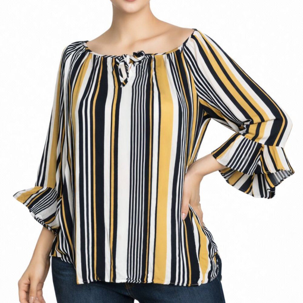 Fred David Boho Stripe Blouse 2X Black White Mustard Off Shoulder Rayon Top